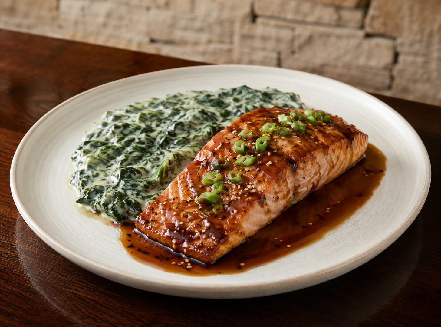 salmón teriyaki con papa a la florentina